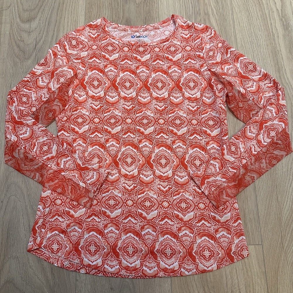 IBKUL Womens Long Sleeve Cooling Sun Shirt Orange All Over Print UPF 50 Small